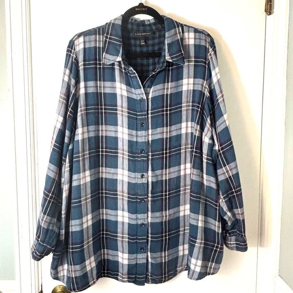 Lane Bryant 18/20 plaid double cloth button front shirt blouse roll tab long sle